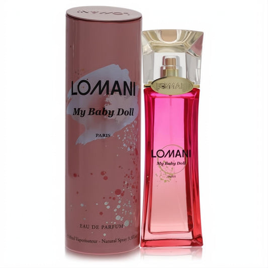 Lomani My Baby Doll 3.3 oz Eau De Parfum for women. Vibrant pink glass bottle with gold cap, in a chic pink cylindrical box.