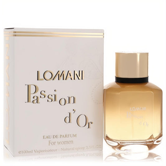 Indulge in Lomani Passion D'or! Elegant 3.3 oz golden amber perfume bottle with a sleek gold cap and sophisticated white box.