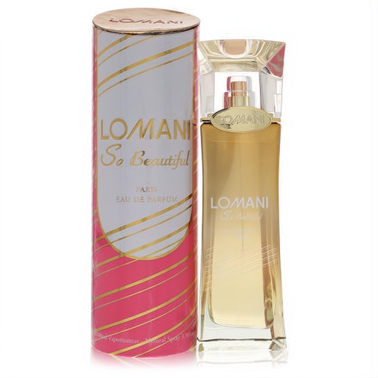 Lomani So Beautiful 3.3 oz Eau De Parfum. Radiant gold bottle, clear faceted cap, and chic pink & gold striped tube.