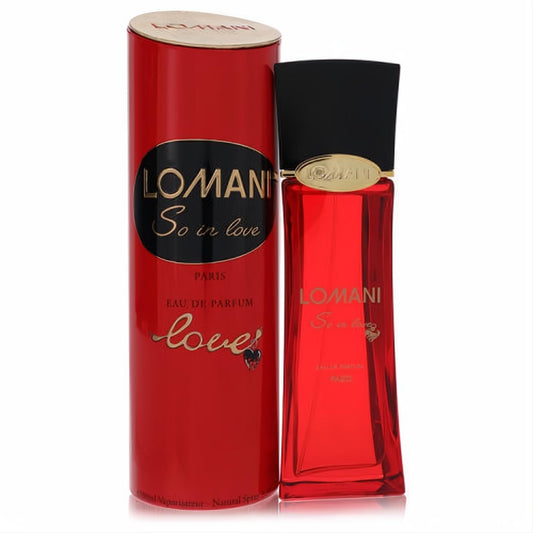 Captivating Lomani So In Love red glass perfume bottle with sleek black cap and matching elegant red box.