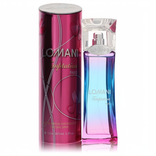Alluring Lomani Temptation women's 3.4 oz EDP in a sleek blue-to-pink gradient bottle with a vibrant fuchsia cylindrical box.