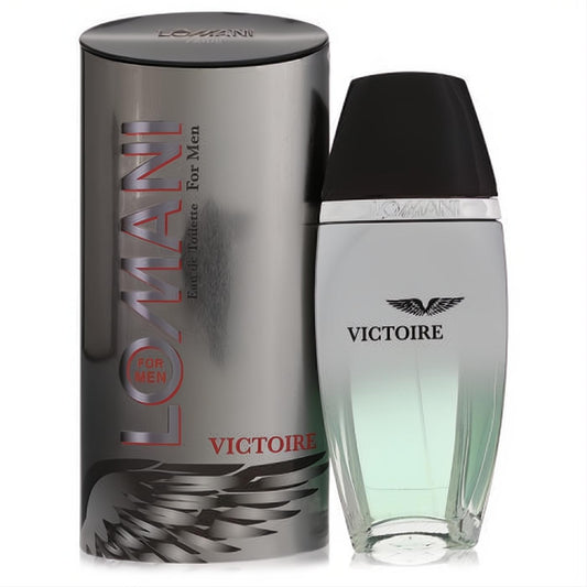 Lomani Victoire 3.3 oz men's EDT spray. Sleek bottle with a refreshing green gradient, black cap, and bold metallic grey cylindrical packaging.