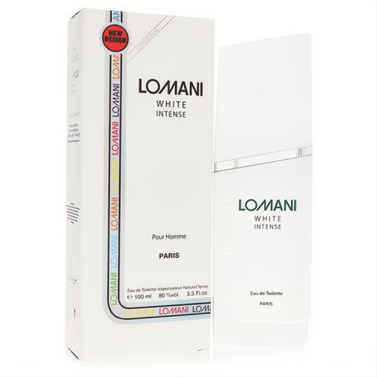 Lomani White Intense 3.3 oz men's fragrance. Sleek white bottle and box with vibrant green text, new design.