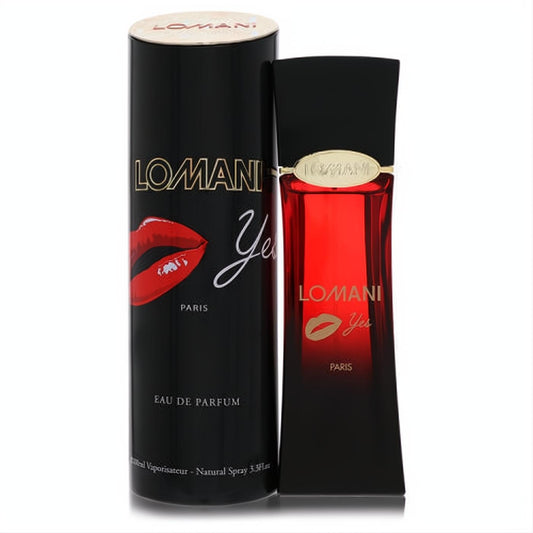 Bold Lomani Yes Eau De Parfum 3.4 oz spray. Striking black and red bottle with elegant gold accents and matching box.