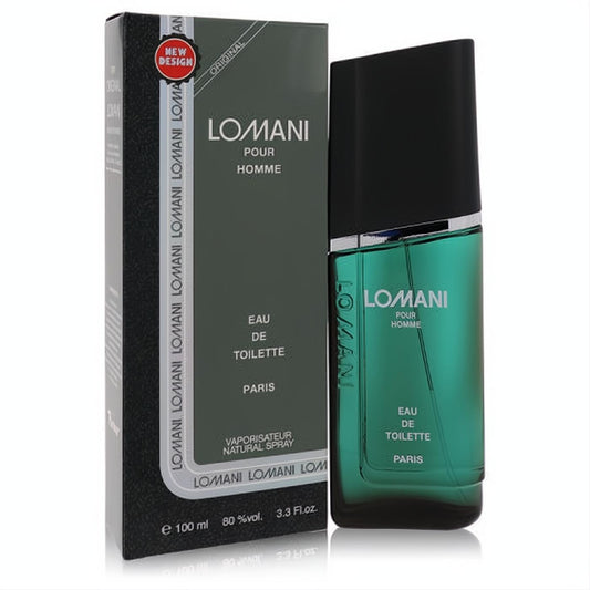 Lomani Pour Homme Eau De Toilette, 3.3 oz, in a sleek green glass bottle with black cap and new design box. Refreshing men's fragrance.