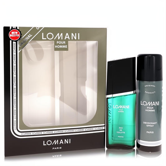 Lomani Pour Homme men's fragrance gift set: a sleek teal 3.4 oz EDT spray and a silver 6.7 oz deodorant.