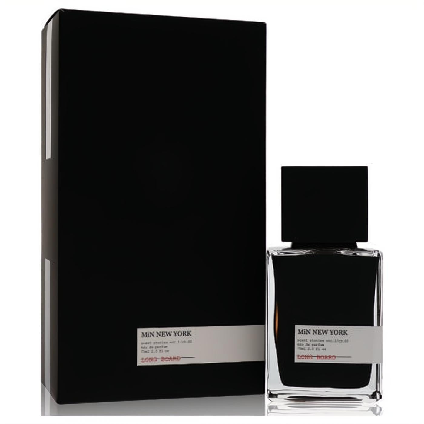 Min New York Long Board 2.5 oz unisex EDP. Sophisticated clear glass bottle with dark liquid, black cap, and matte black box.