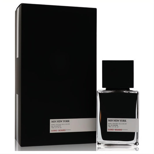 Min New York Long Board 2.5 oz unisex EDP. Sophisticated clear glass bottle with dark liquid, black cap, and matte black box.