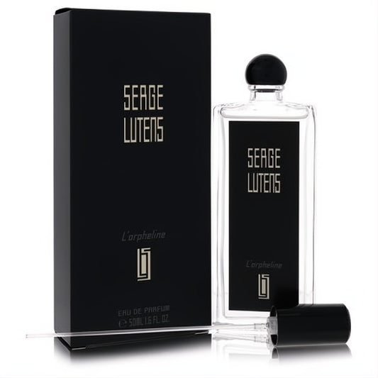 Serge Lutens L'orpheline 1.6 oz Eau De Parfum. Clear glass bottle with a striking black label, paired with its elegant black box.