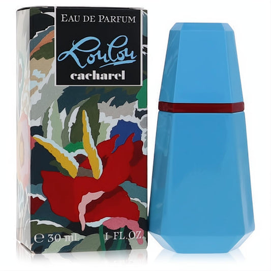 Luxurious Lou Lou by Cacharel 1 oz EDP. Iconic blue faceted bottle with red band, next to its vibrant floral art box.