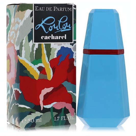 Iconic Lou Lou by Cacharel 1.7 oz Eau De Parfum. Features a striking light blue faceted bottle with red band & vibrant floral art box.