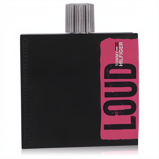 Loud by Tommy Hilfiger 2.5 oz women's EDT. Sleek black bottle with vibrant pink logo and stylish ribbed silver cap.