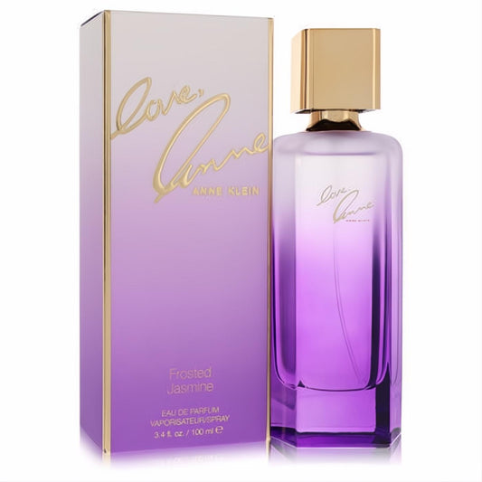 Elevate your scent with Anne Klein Love Anne Frosted Jasmine 3.4 oz EDP. Purple ombré glass bottle, gold cap, and chic box.
