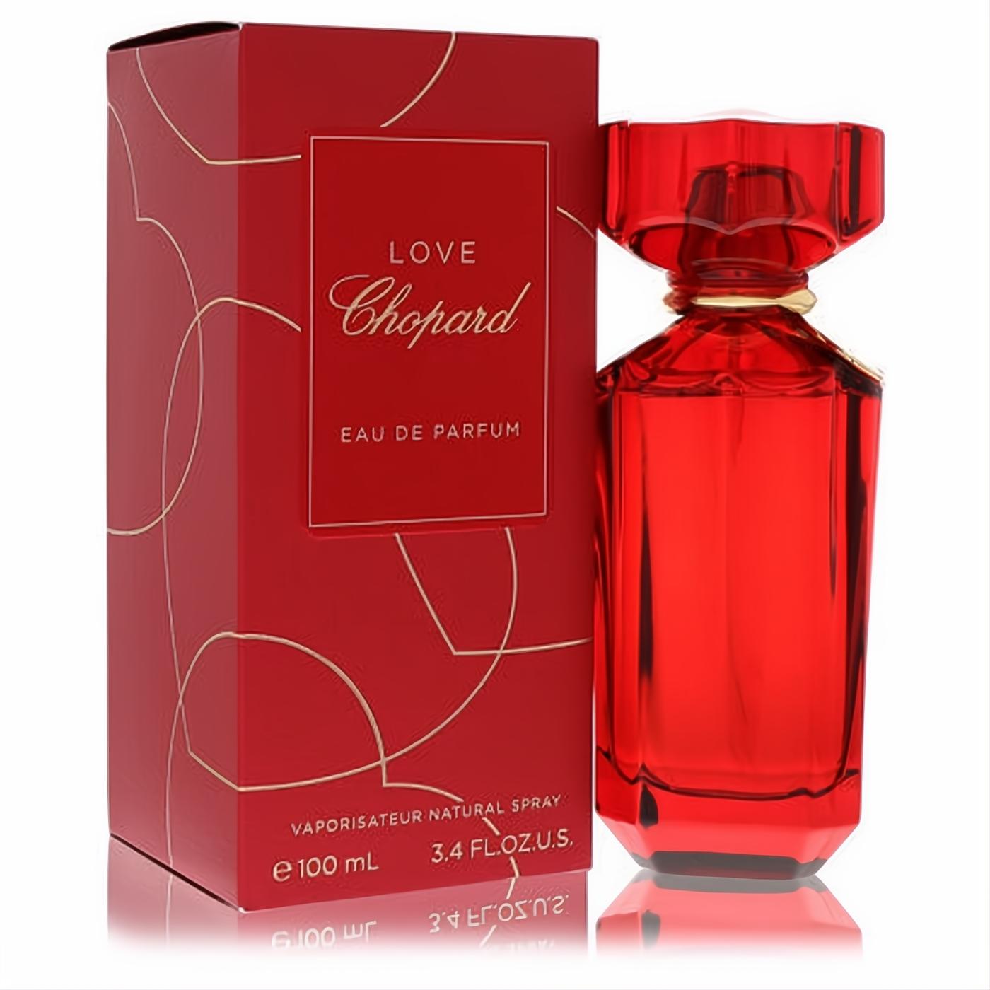 Captivating Love Chopard 3.4 oz Eau De Parfum in a vibrant red faceted glass bottle with gold accents and matching box.