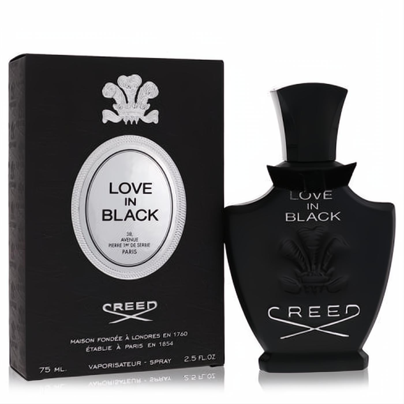Discover Creed Love In Black 2.5 oz Eau De Parfum. Elegant black sculpted bottle with a sleek cap, alongside its matching silver-accented box.