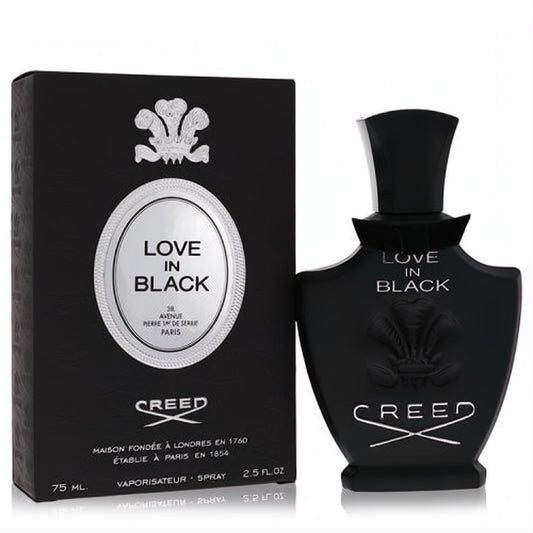 Discover Creed Love In Black 2.5 oz Eau De Parfum. Elegant black sculpted bottle with a sleek cap, alongside its matching silver-accented box.