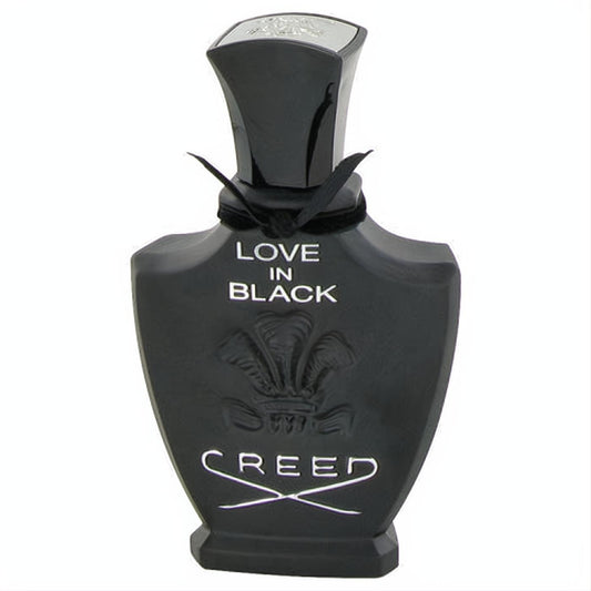 Elegant black Creed Love In Black 2.5 oz EDP spray for women. Distinctive sculpted bottle with white branding, crest, and black ribbon detail.