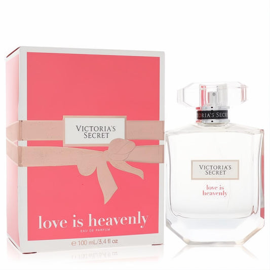 Victoria's Secret Love Is Heavenly 3.4 oz EDP. Exquisite clear glass bottle with faceted details, presented with its charming pink gift box and ribbon.