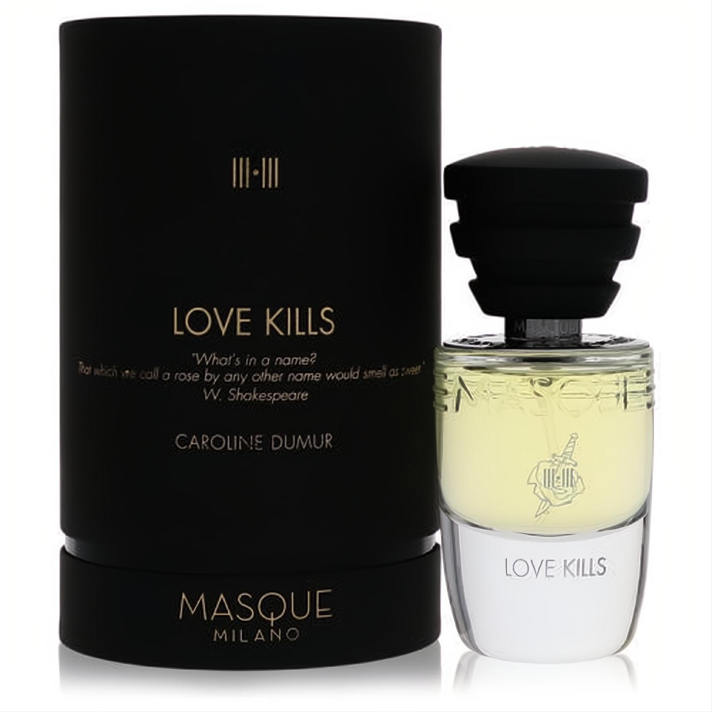 Masque Milano Love Kills 1.18 oz Eau De Parfum. Black box, clear bottle with light yellow liquid, black ribbed cap, and rose skull logo.