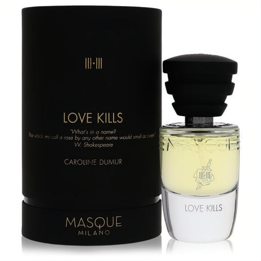 Masque Milano Love Kills 1.18 oz Eau De Parfum. Black box, clear bottle with light yellow liquid, black ribbed cap, and rose skull logo.