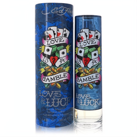 Christian Audigier Love & Luck men's 3.4 oz cologne. Bold blue bottle & box, Ed Hardy tattoo art: cards, dice, 'Love Is A Gamble'.