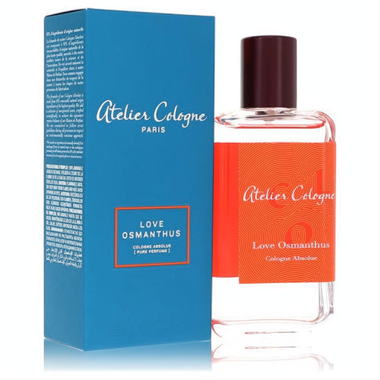 Atelier Cologne Love Osmanthus 3.3 oz pure perfume spray. Clear bottle with vibrant orange label and elegant blue box.
