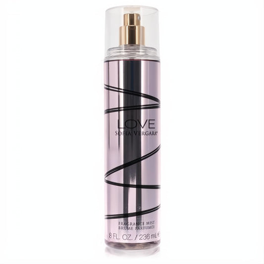 Love by Sofia Vergara 8 oz body mist. Elegant rose-pink bottle, black lines, and a luxurious gold sprayer.