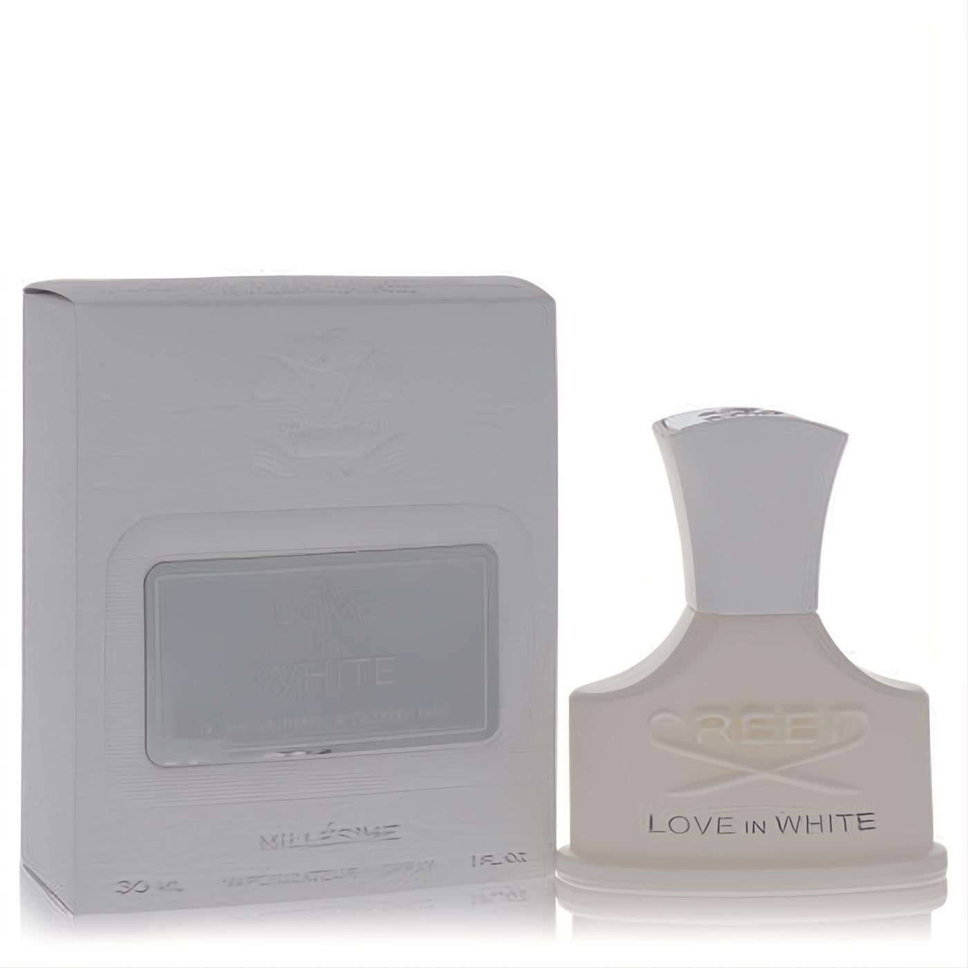 Creed Love in White 1 oz Eau De Parfum. Elegant frosted white glass bottle with iconic embossed logo and matching white box.