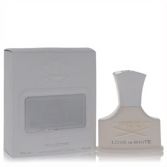 Creed Love in White 1 oz Eau De Parfum. Elegant frosted white glass bottle with iconic embossed logo and matching white box.
