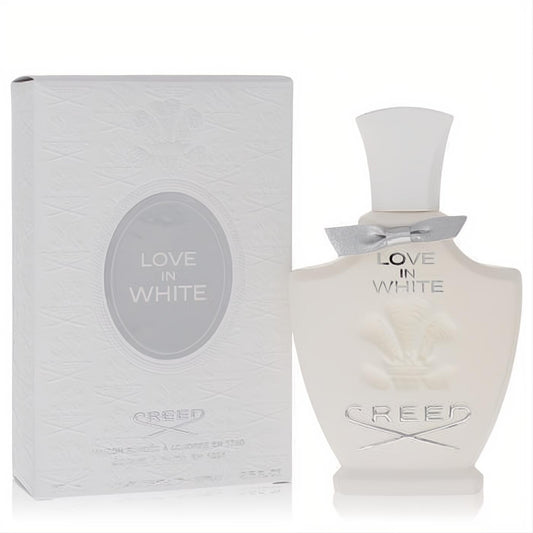 Iconic Creed Love in White 2.5 oz Eau De Parfum spray. Elegant frosted white bottle, chic silver bow, and signature branding.