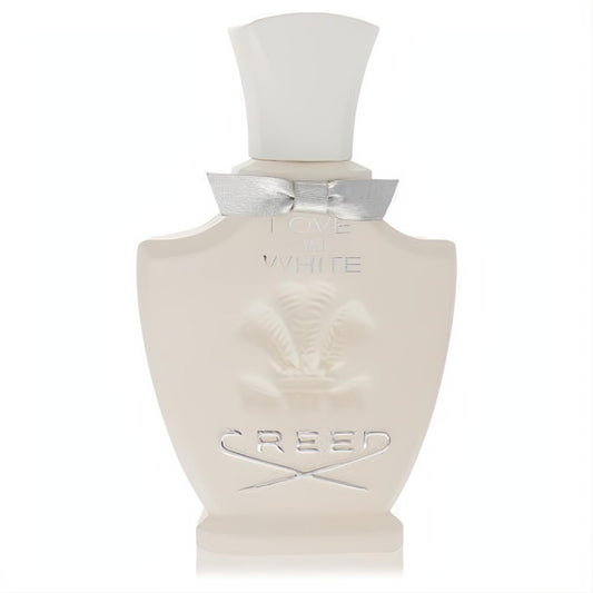 Luxurious Creed Love in White 2.5 oz women's EDP. Elegant cream bottle, silver bow, embossed crest, and metallic lettering.