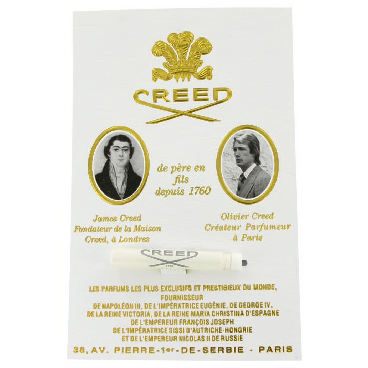 Experience Creed's legacy: a white card with gold logo, founder portraits, and a Love in White .04 oz perfume sample.