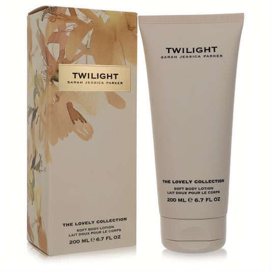 Lovely Twilight by SJP 6.7 oz body lotion. Elegant cream tube and floral box with gold accents for luxurious hydration.