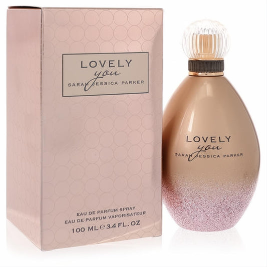 Lovely You SJP 3.4 oz EDP spray. Chic rose gold bottle with sparkling pink glitter base, clear ribbed cap, and matching blush box.