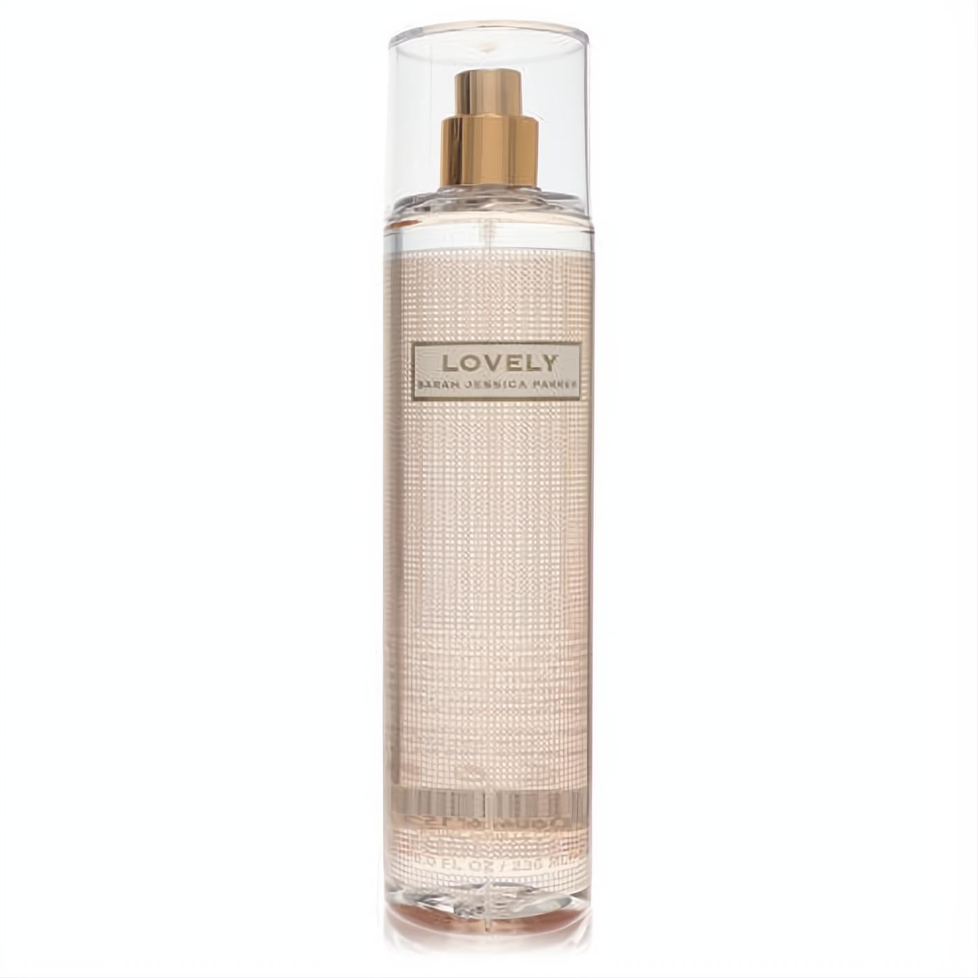 Elegant Lovely by Sarah Jessica Parker 8 oz body mist. Clear bottle, gold sprayer, subtle textured design for women.