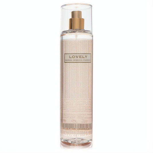 Elegant Lovely by Sarah Jessica Parker 8 oz body mist. Clear bottle, gold sprayer, subtle textured design for women.