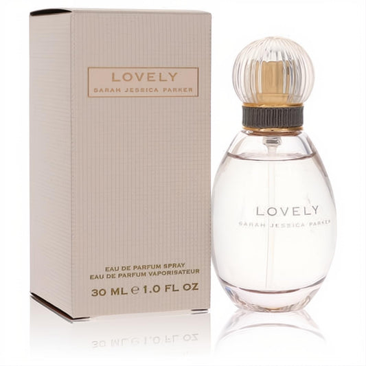 Lovely by Sarah Jessica Parker 1 oz Eau de Parfum. Elegant clear glass bottle with unique ribbed cap and sophisticated beige box.