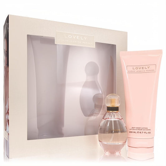 Beautiful Lovely SJP gift set: 1.7oz EDP spray & 6.7oz soft pink body lotion in elegant packaging, ready for gifting.