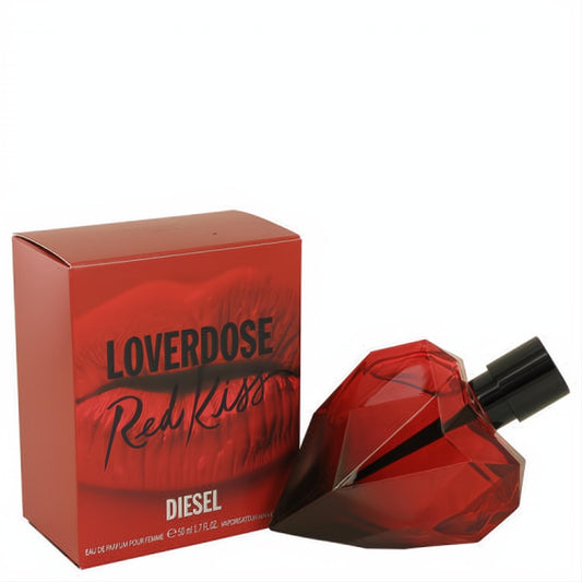 Captivating Diesel Loverdose Red Kiss 1.7 oz perfume. Features a bold red faceted heart bottle and matching box with sensual red lips.