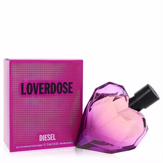 Captivating Diesel Loverdose 2.5 oz Eau de Parfum in a faceted purple heart bottle with a black atomizer, beside its vibrant pink box.