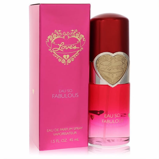 Love's Eau So Fabulous 1.5 oz Eau de Parfum. Chic pink gradient bottle with a gold heart emblem and metallic fuchsia cap.