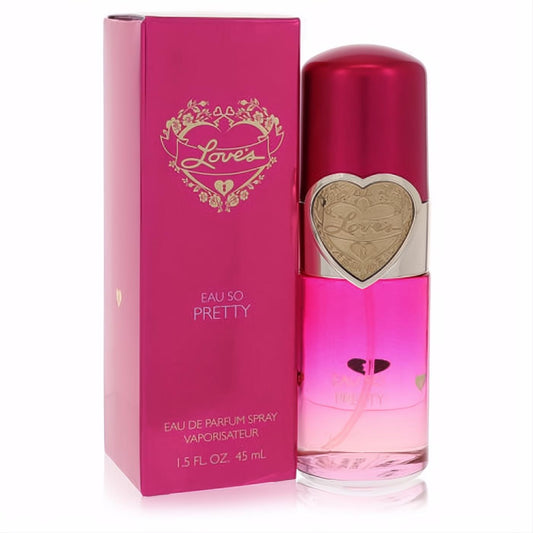 Love's Eau So Pretty 1.5 oz women's EDP spray: romantic ombre pink bottle with gold heart, fuchsia cap, and matching box.