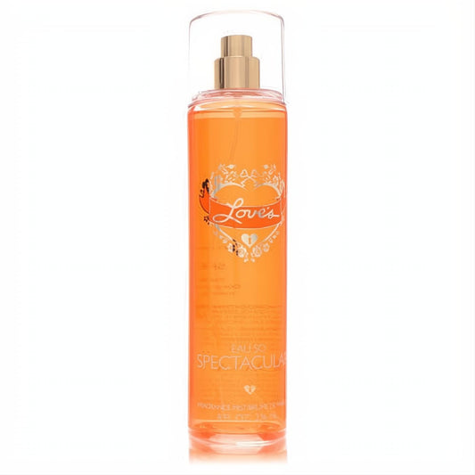 Love's Eau So Spectacular 8 oz fragrance mist: vibrant orange liquid in a clear bottle with a gold sprayer and signature heart logo.