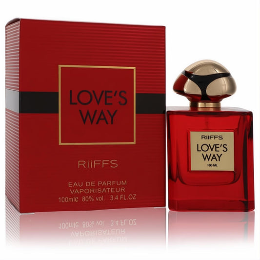 Luxurious Love's Way Riiffs 3.4 oz red perfume bottle with a striking gold & black cap, presented with its elegant red & gold box.