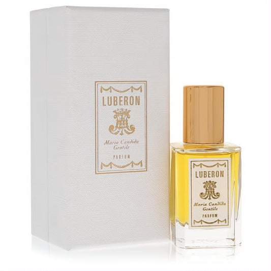 Indulge in Luberon Pure Perfume: clear glass bottle with golden liquid, gold cap, and elegant white box with matching gold label.