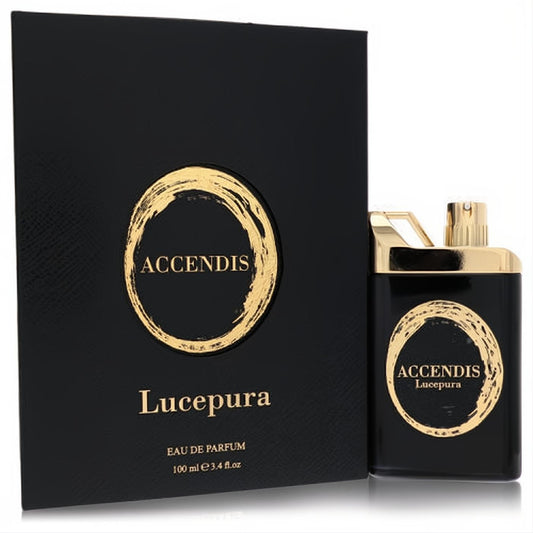 Bold Lucepura by Accendis 3.4 oz unisex eau de parfum. Black rectangular bottle, luxurious gold cap, and textured box.