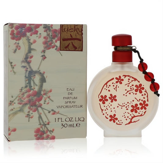 Captivating Lucky Number 6 Liz Claiborne 1 oz EDP spray. Frosted bottle, red cap, and vibrant red cherry blossom design.