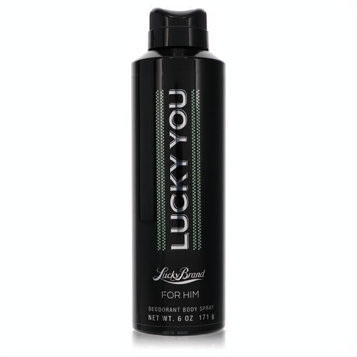 Lucky You For Him 6 oz men's deodorant body spray by Lucky Brand. Sleek black can with bold white and green branding for a fresh scent.