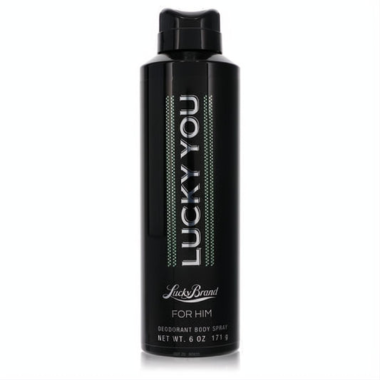 Lucky You For Him 6 oz men's deodorant body spray by Lucky Brand. Sleek black can with bold white and green branding for a fresh scent.