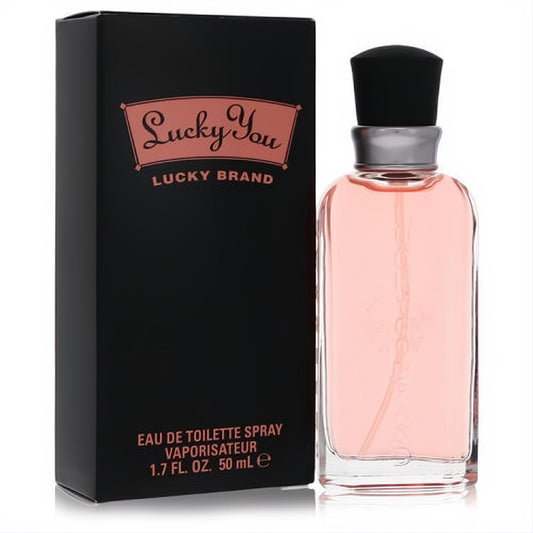 Lucky You by Liz Claiborne 1.7 oz EDT spray for women, a clear glass bottle with pink fragrance and its sleek black branded box.